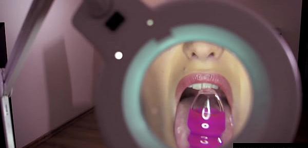 Big-titted beauty studies her hairy pussy with a magnifying glass